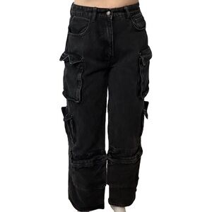 PrettyLittleThing Cargo Pants Jeans Wide Leg Denim Black Streetwear Size 4 Small